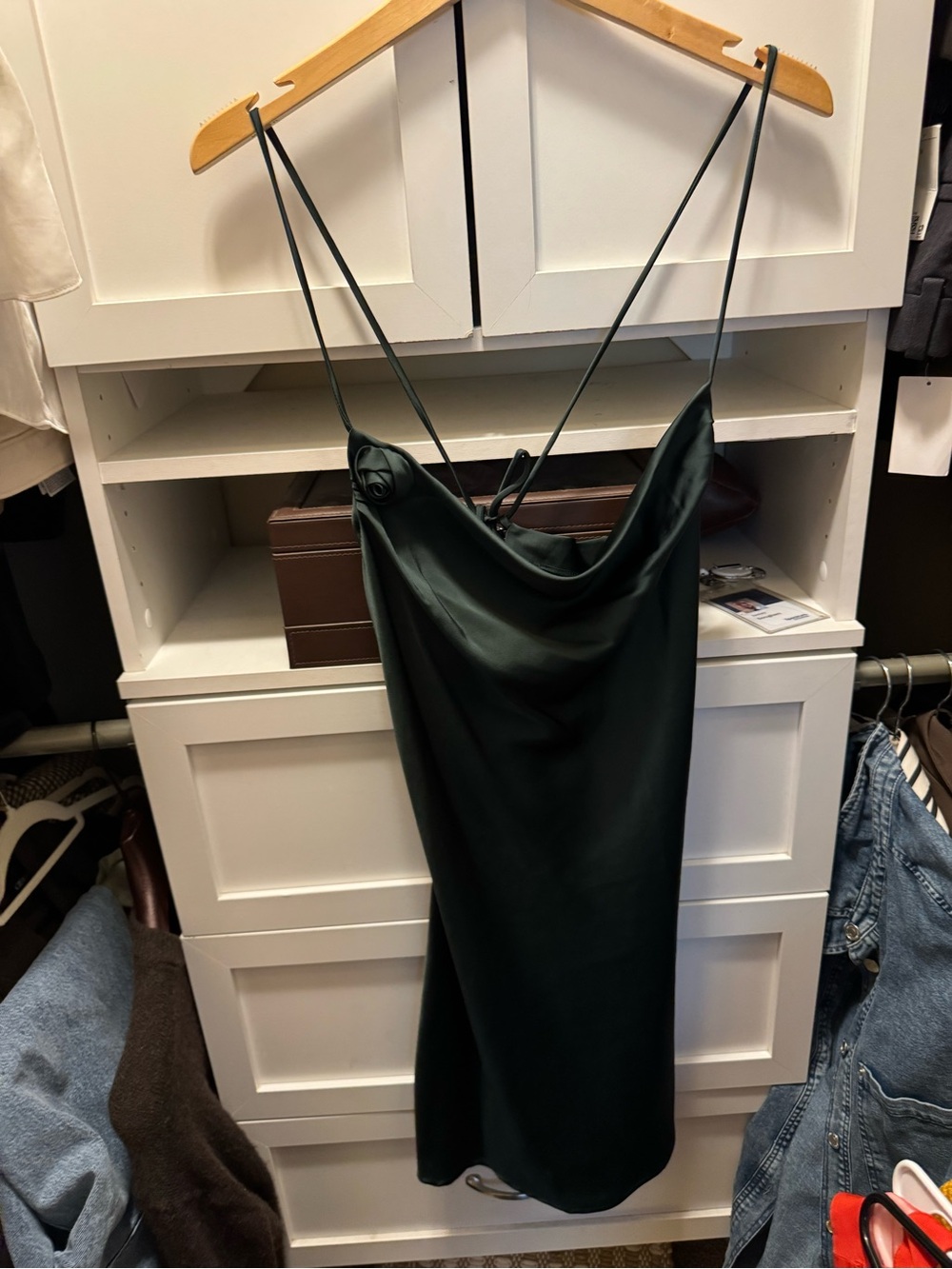 H&M Dark Green Satin Cowl Slip Dress